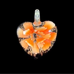 Orange Flower Gold Foil Heart-Shaped Art Glass Pendant